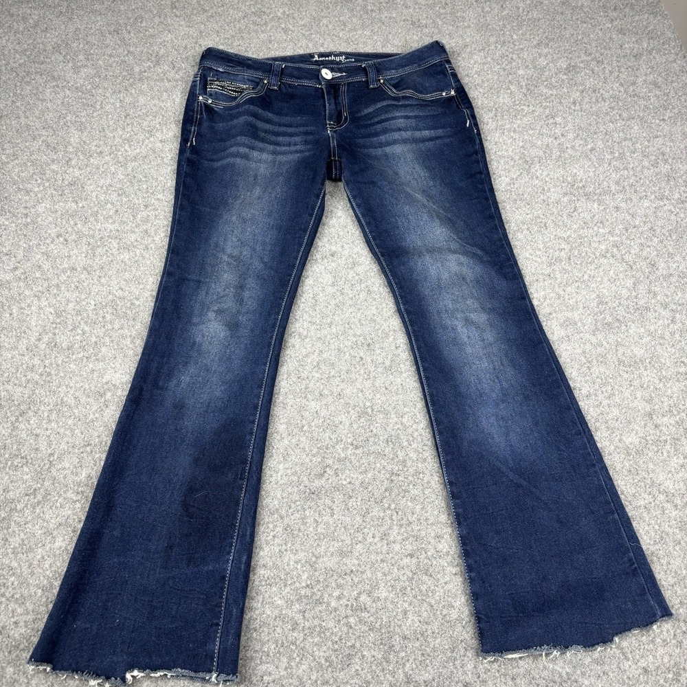 Amethyst‎ Jeans Women's 11 Bootcut Dark Wash Flared Raw Hems Embellished Pockets